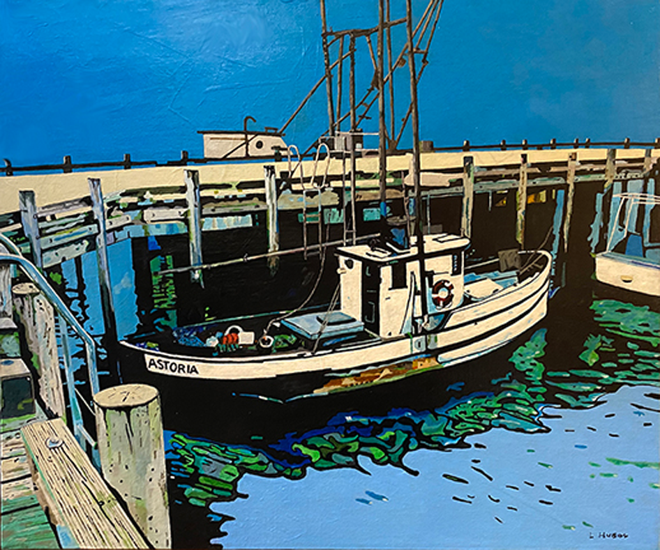 Acrylic Painting - Moro Bay' by Lawrence Hubbs - Lawrence Hubbs' serene acrylic painting showcasing Moro Bay, with a picturesque view of a boat floating on calm waters, enveloped by a soothing color palette and expert brushwork.