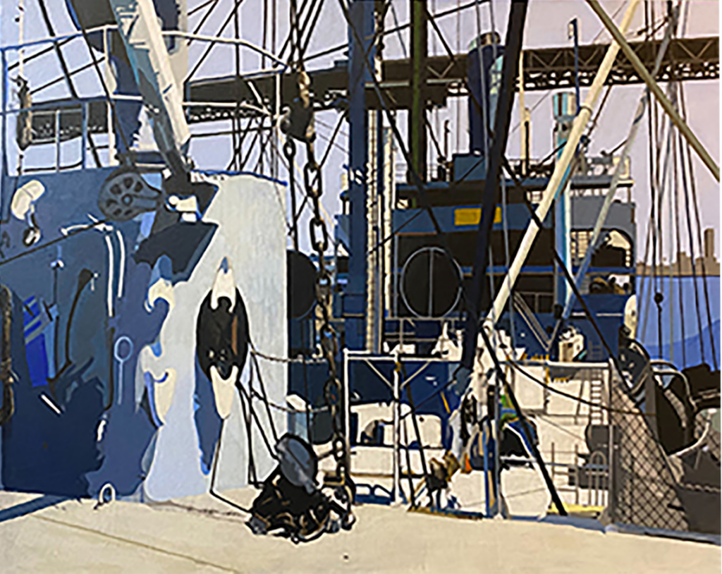 Acrylic Painting - Navy Tugboat' by Lawrence Hubbs - A dynamic acrylic painting showcasing a navy tugboat in blues and blacks, reflecting Lawrence Hubbs' artistic style and expertise in acrylic paintings."