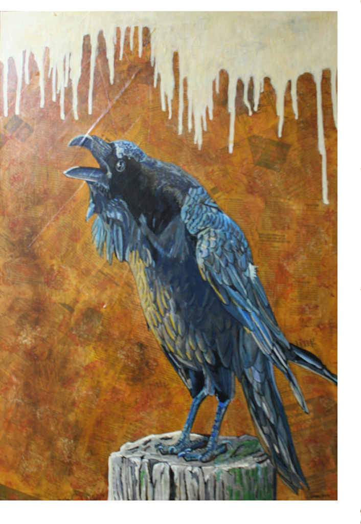 Raven' by Lawrence Hubbs - An acrylic painting showcasing the majestic beauty of a blue raven. Against a backdrop of primarily orange hues with hints of yellow, red, and brown, the raven stands out with its captivating presence and intricate details.