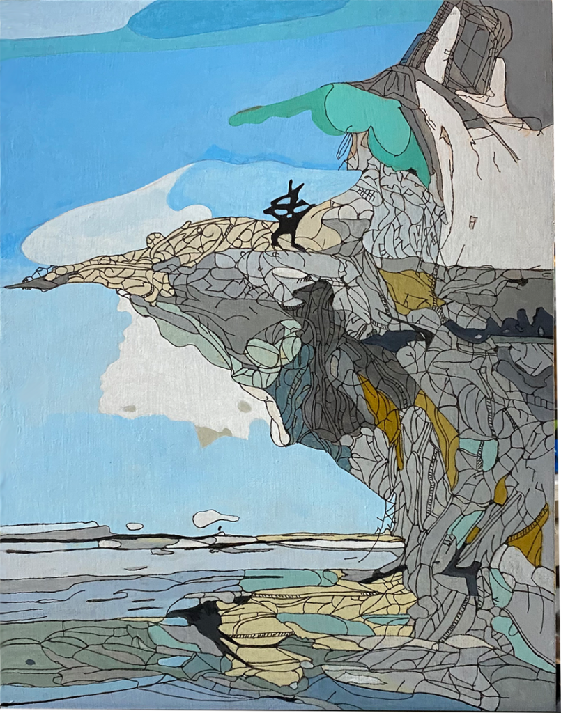 Acrylic Painting - The Cliff' by Lawrence Hubbs - Lawrence Hubbs' captivating acrylic painting showcasing a majestic cliff against a backdrop of a serene blue sky. A lone figure stands on the edge, inviting contemplation and awe.